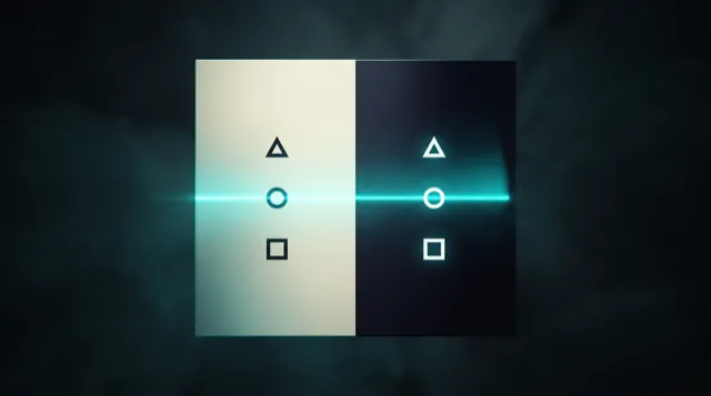 A panel split into a pale half and a dark half, with the same small geometric marks equally crisp on each and a beam of light measuring across both.