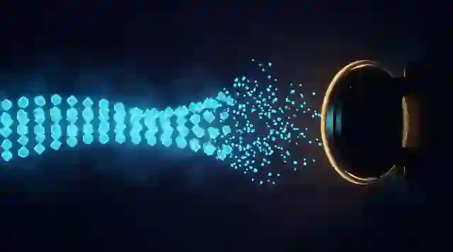 A stream of identical lit forms breaking into unlinked particles before they reach a sealed dark vault, so nothing that goes in still carries its shape.