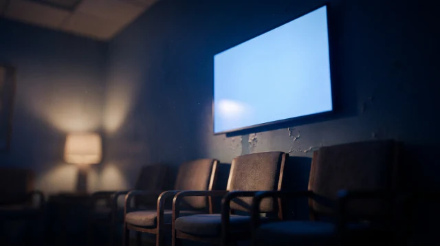 A wall-mounted screen glowing over a few empty chairs in a quiet overflow room.