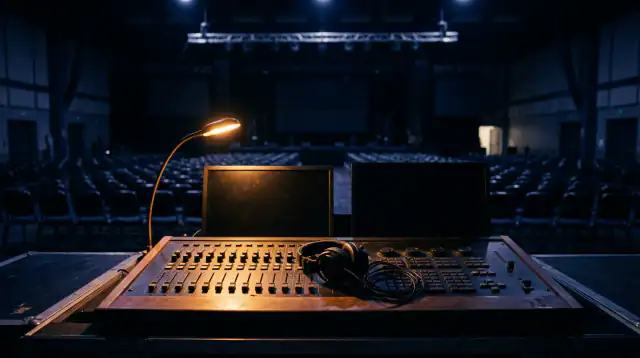A lit mixing desk at the back of an empty hall, headphones resting on the faders and the stage rig beyond.