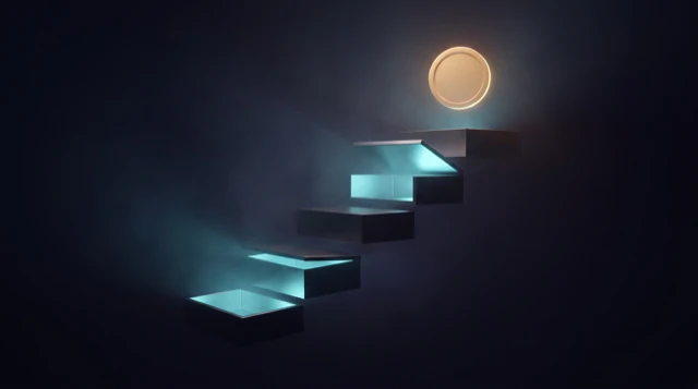 Dark segments arranged as ascending steps, the lower ones lit and open, with a single blank gold disc at the top.