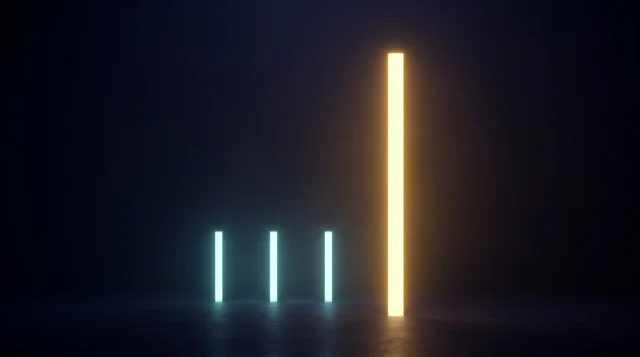 Four bars of light rising from the dark: three of them short and cool, one much taller and gold.
