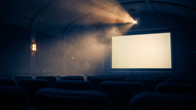 A darkened cinema-scale hall, a projector beam cutting through haze onto a blank lit screen above empty seats.