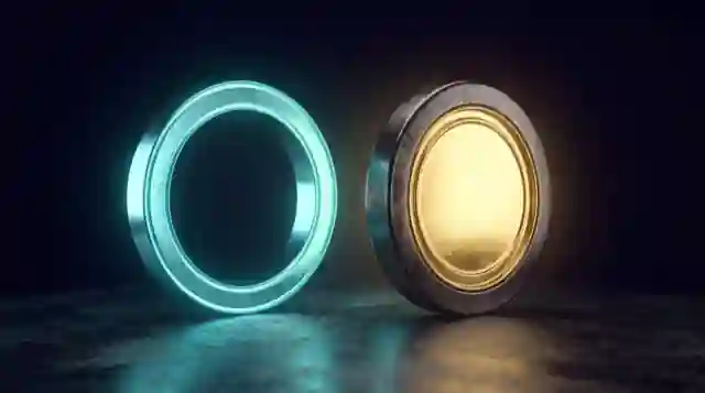 Two tokens side by side: one a hollow ring of cool light, the other solid metal with a blank gold seal struck into its face.