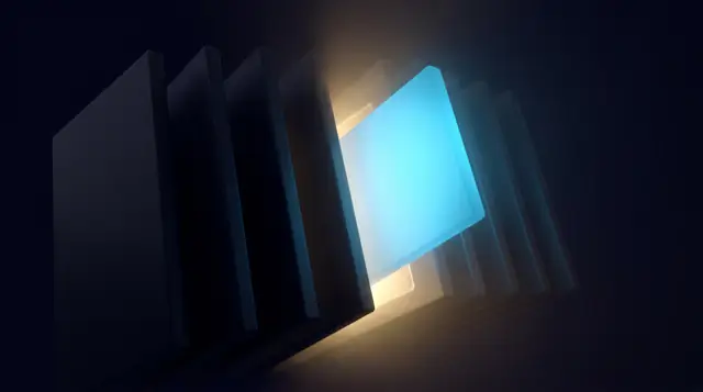 A fanned stack of blank dark panels with one lit panel being slotted in between two of them.