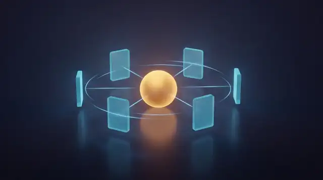 A warm gold hub on a dark floor with a handful of cool-lit panels held close around it, and nothing at all connecting it to anything beyond.