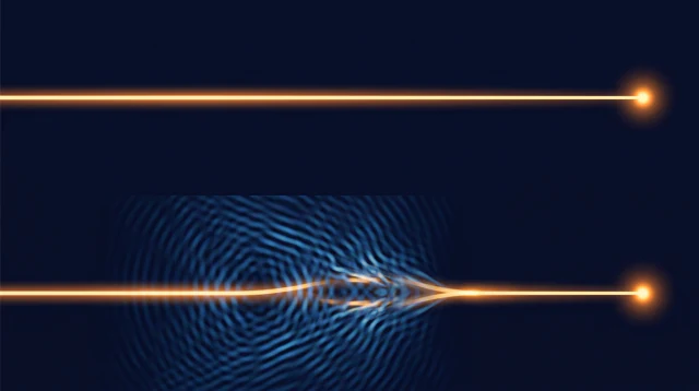 Two beams of light, one passing through interference and one clear, arriving level with each other.