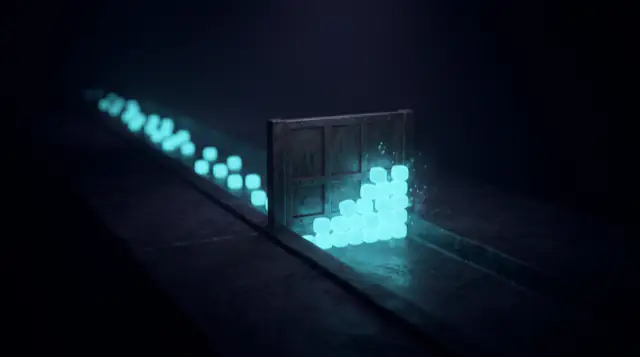 A queue of glowing blocks stacked against a closed gate, the channel beyond it dark and completely empty.