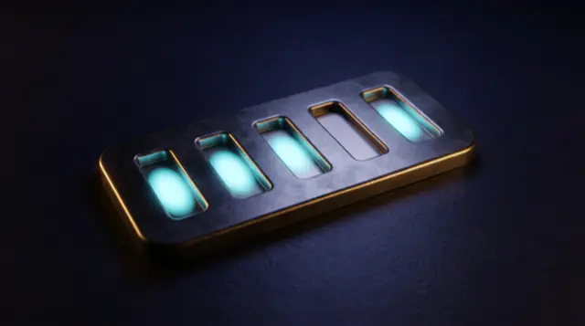 A row of recesses cut into a metal plate, each holding a lit mark except one, which sits dark and empty.