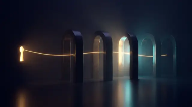 A single thread of gold light running through a row of identical dark arches, lighting only the one it is passing through.