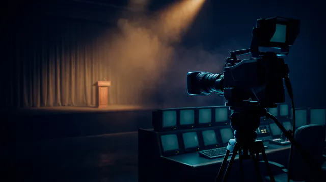 A broadcast camera on a tripod framing a lit lectern, a bank of monitors below it.