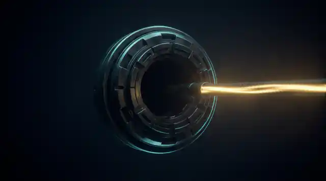 A dark, unlit machine with a single cable entering it from outside the frame, carrying gold light inward.