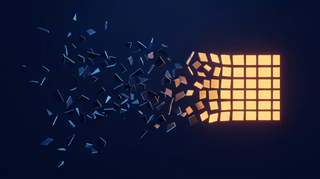 Scattered shards drawing back together into an ordered grid.