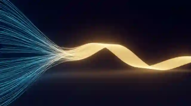 Dozens of fine threads entering from one side and converging into a single wide ribbon of gold light.