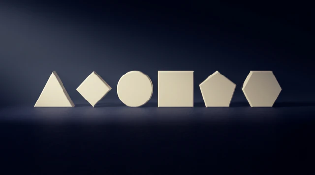 Six silhouettes in a row on a dark surface: triangle, diamond, circle, square, pentagon and hexagon, all the same tone and told apart by outline alone.