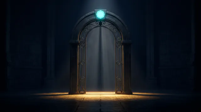 A single tall arched gateway in a dark hall, its threshold lit gold and a blank seal glowing on the keystone, with one clean beam passing through.