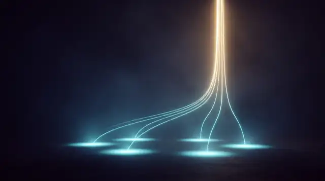 Many separate pools of cool light rising and merging into one tall column of gold.