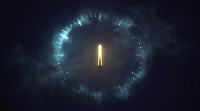A ring of clock-like tick marks dissolving into dust, while at its centre a single gold mark stays struck and sharp.