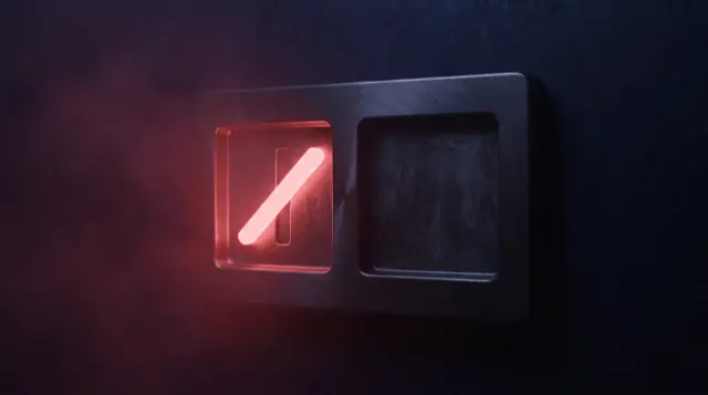Two recesses cut into a dark plate: the left one holds a crimson marker struck through, the right one is empty and unlit.